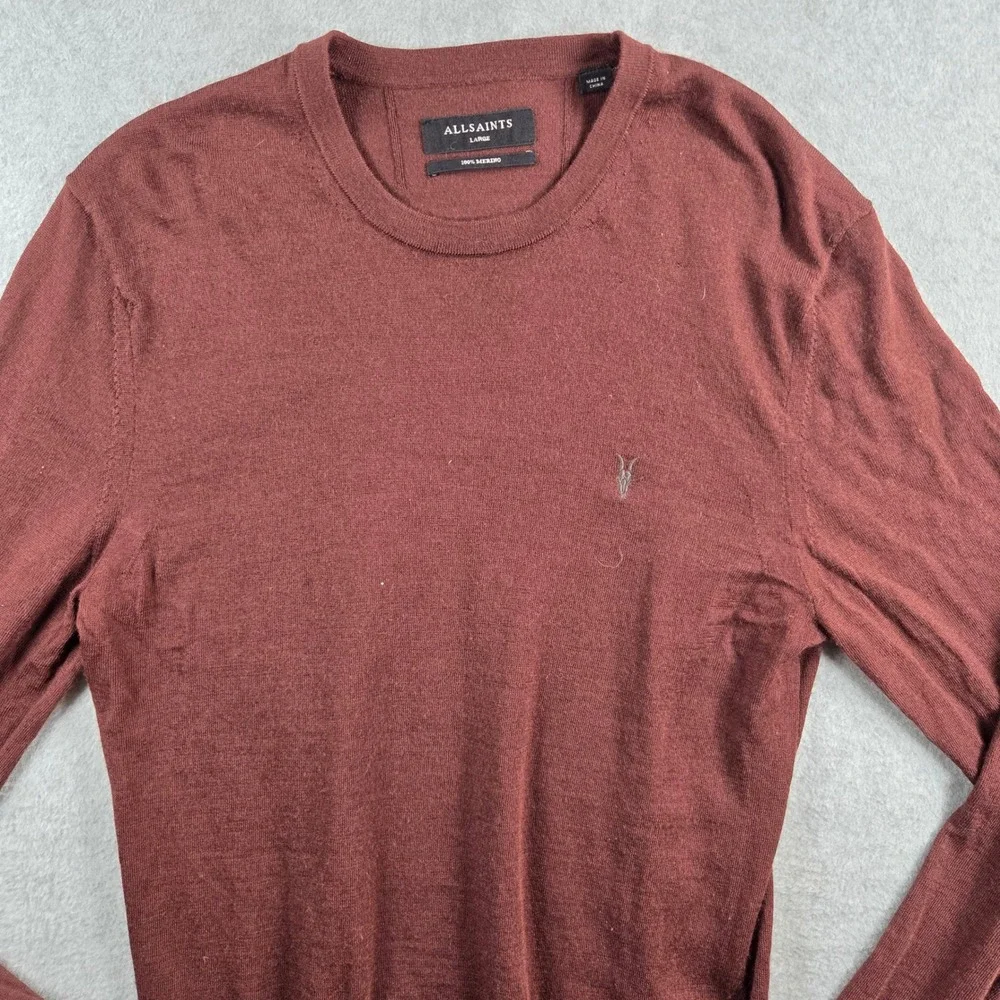 AllSaints Sweater Mens Large Burgundy 100% Merino Wool Crew Neck Ramskull Logo